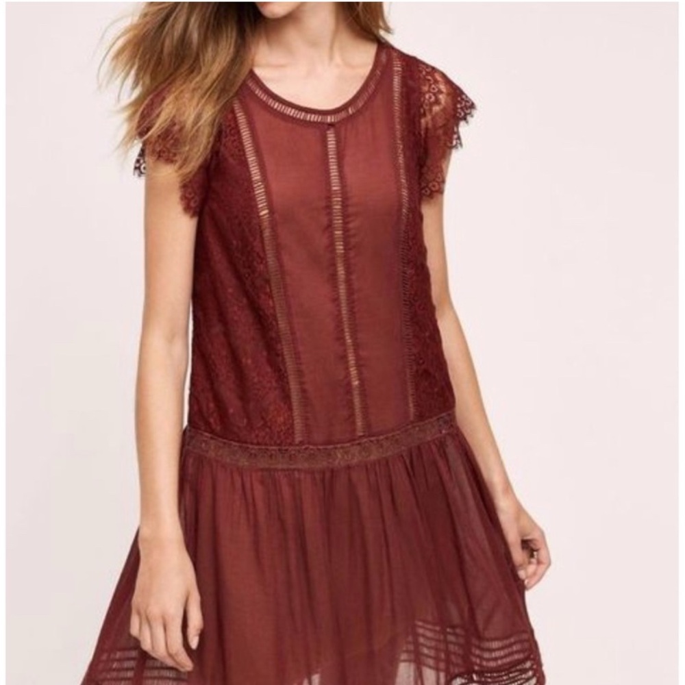 Anthropologie Lace Sleeve Burgundy Dress